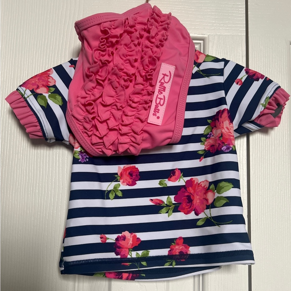Ruffle Butts Navy and Pink Floral Striped Outfit